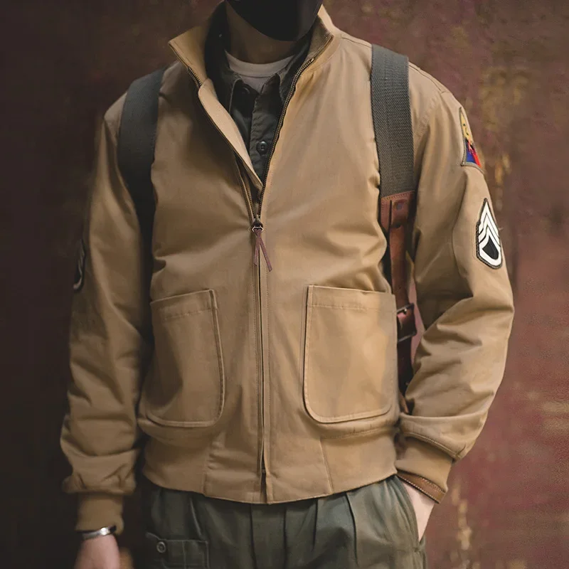 Maden 남성용 빈티지 M1942 탱크 재킷 가볍고 두꺼운 버전의 카키 코트 지퍼 테이퍼드 밑단 아웃웨어 남성용