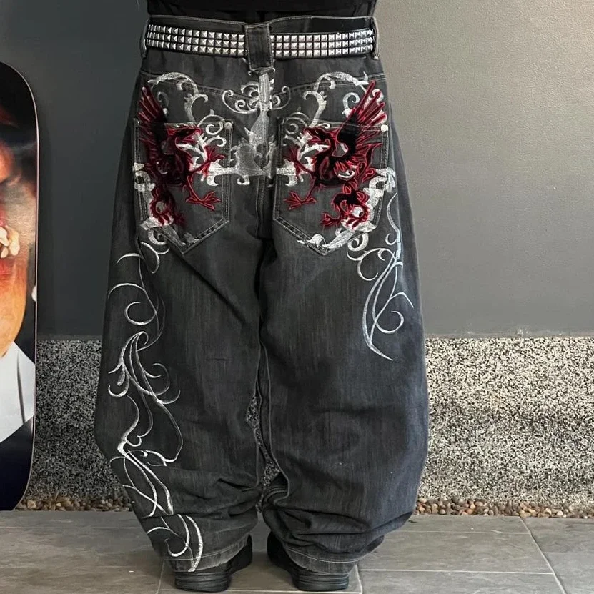 streetwear y2k 고딕 데님 바지 하라주쿠 펑크 공룡 자수 워시 청바지 힙합 와이드 레그 오버 사이즈 청바지 mens womens