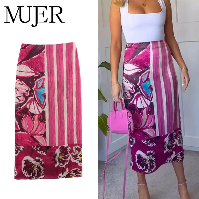 MUJER 프린트 새틴 롱 스커트 여성용 하이 웨이스트 미디 스커트 여성 여름 스트레이트 여성 스커트 실린더 빈티지 여성 스커트