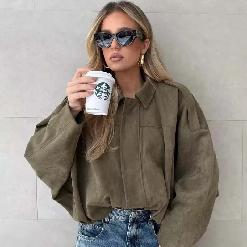 YENKYE New 2025 여성 스웨이드 질감 폭격기 재킷 긴 소매 옷깃 칼라 루즈 코트 캐주얼 여성 겉옷 Chic Tops