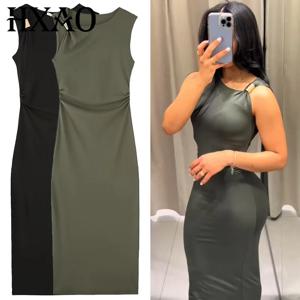 HXAO Womens Ruffled Bodycon Dresses 그린 블랙 드레스 여름 여성 섹시한 민소매 롱 드레스 비대칭 코르셋 Vestidos 066