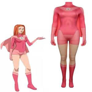 Atom Eve 코스프레 의상 Invincible Eve Wilkins 점프 슈트 바디 슈트 망토 케이프 복장 성인용 여성 할로윈 의상 소녀 용