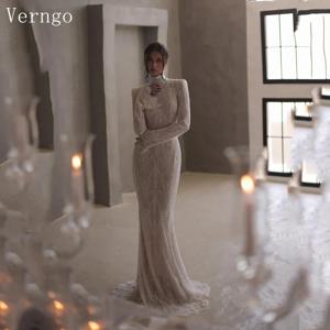 Verngo lvory 레이스 웨딩 드레스 높은 목 전체 소매 신부 가운 여성 스윕 기차 신부 드레스 사용자 정의