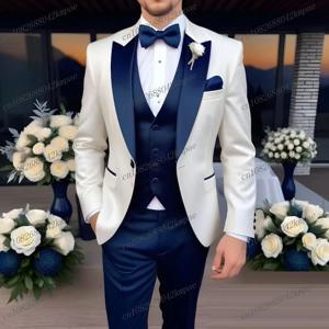 흰색과 파란색 비즈니스 남성 정장 공식 행사 신랑 Groomsman 웨딩 파티 댄스 파티 남성 턱시도 3 조각 세트 블레이저 조끼 바지