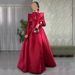맞춤형 Charmeuse Bow Rhinestone 하이 칼라 A 라인 롱 드레스 맞춤형 행사 클래식 우아한 공식 파티