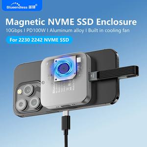 Blueendless Magnetic M2 2230 2242 냉각 팬이 있는 NVMe SSD 인클로저 100W PD 충전 유형 C Iphone Mac용 NVMe PCIE ssd 케이스