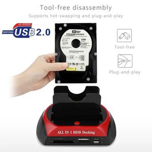 USB 2.0 IDE SATA 하드 디스크 OTB 복제 도크, 올인원 HDD 도킹 스테이션, 듀얼 베이 2.5 인치 3.5 인치 ESATA, 카드 리더기 포함