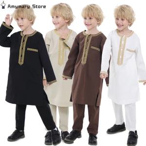 이슬람 어린이 가운 2 조각 세트 어린이 소년 라운드 넥 긴 소매 인쇄 드레스 셔츠 Abaya Kaftan Jubba Thobe 이슬람 의류