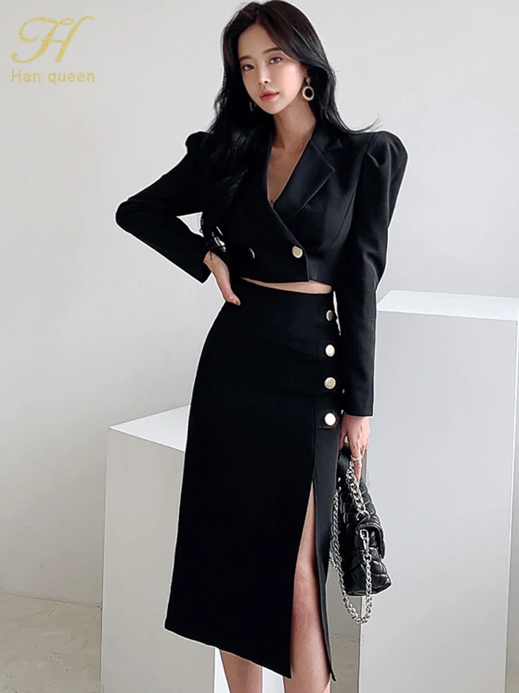 H Han Queen 여성용 크롭 블레이저 + 포크 펜슬 스커트, 캐주얼 심플 오피스 레이디 스커트, 세트 2 종 세트, 용수철 가을, 핫 세일
