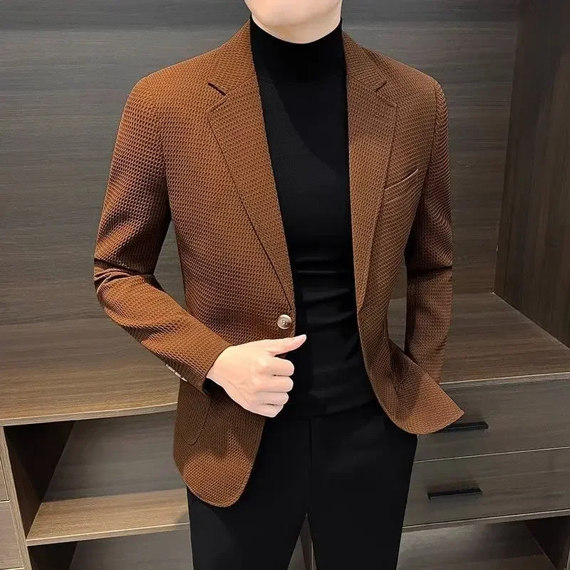 남성용 화이트 브라운 자켓 격자 무늬 파티 코트 남성 정장 및 블레이저 여름 의류 캐주얼 남성복 프리미엄 럭셔리 디자이너