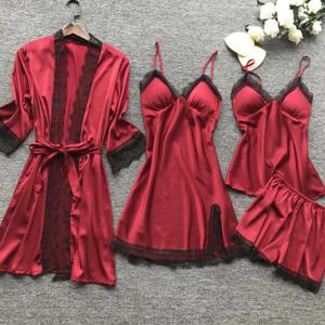 4PCS 잠옷 잠옷 세트 실크 여성 Nightdress 레이스 드레스 가운 수면 Nightwear 실크 솔리드 컬러 Pijama 세트