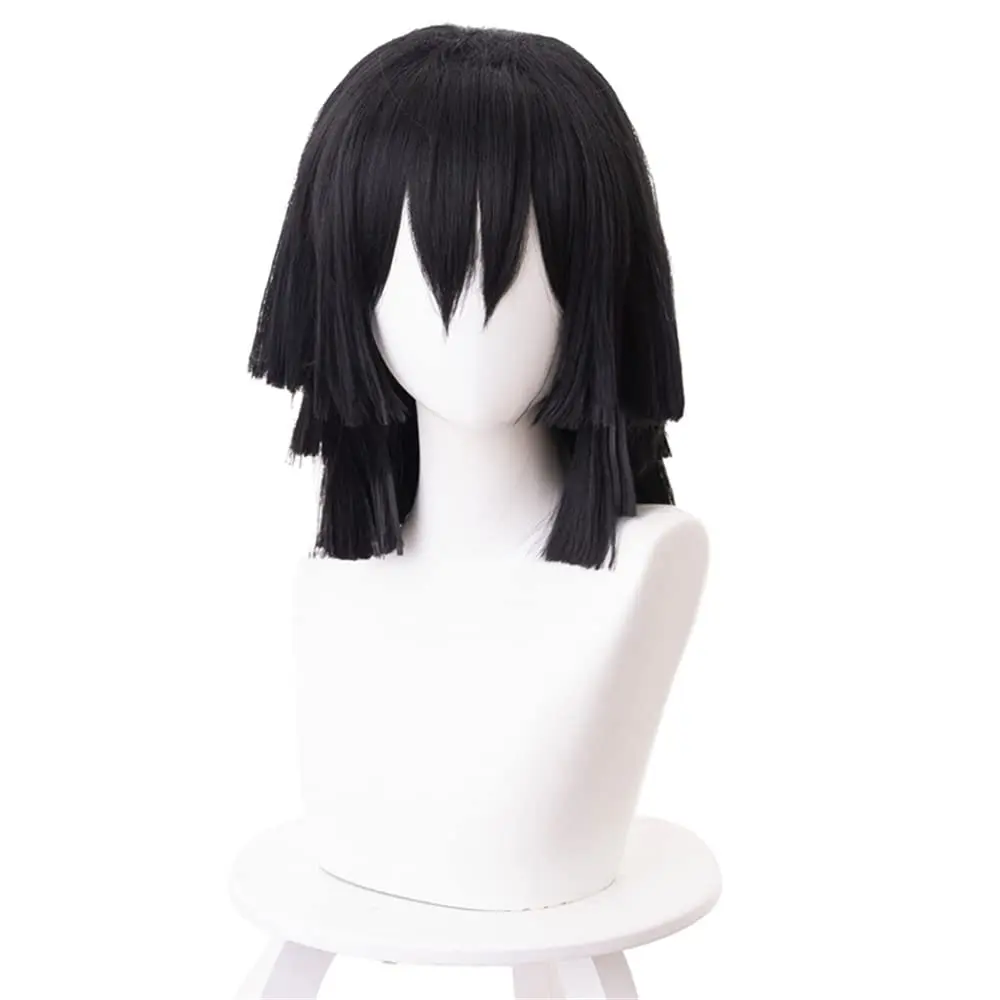 애니메이션 Iguro Obanai 코스프레 가발 Kimetsu no Yaiba 블랙 가발 (Bangs 포함) Cosume Party Short Wigs