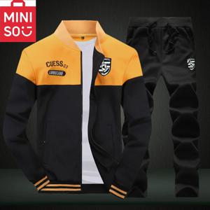 MINISO 겨울 양털 운동복 남성 세트 루즈한 스탠드 칼라 카디건 재킷 야외 캐주얼 멀티 컬러 선택 세트 남성 후드