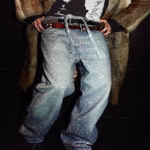 전체 라인 석 인쇄 씻어 파란색 헐렁한 청바지 남성과 여성 Ropa Hombre streetwear 솔리드 ​​캐주얼 데님 바지 루즈 카고