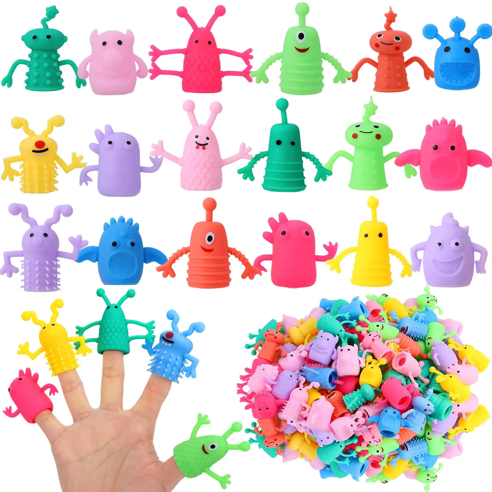 10PCS 귀여운 괴물 손가락 토퍼 장난감 어린이를위한 부드러운 고무 신축성 Fidget 생일 파티는 손님 선물 Goodies 필러를 선호합니다