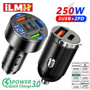 ​ 250W 5포트 PD QC3.0 풀 링이 있는 차량용 고속 USB-C 차량용 전화 충전기 유형 C 어댑터 ​ ​   IPhone12-16/Xiaomi/Samsung/Huawei용
