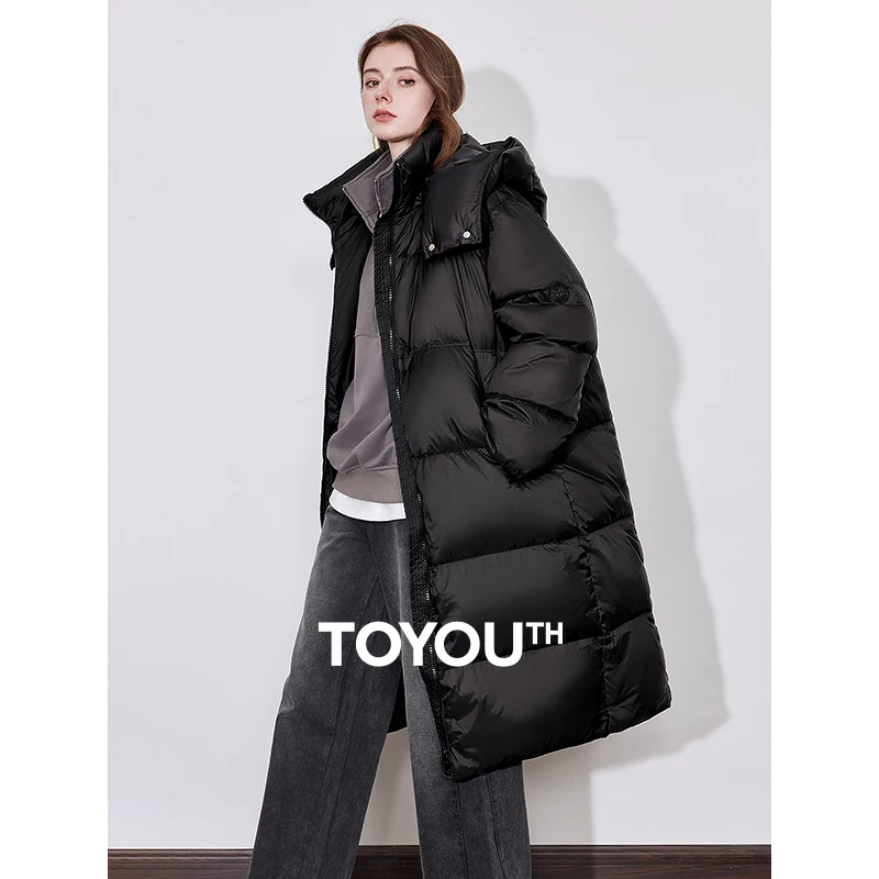 TOYOUTH 여성용 90% 화이트 덕 다운 재킷, 두꺼운 따뜻한 중간 길이 후드 지퍼 클로저 롱 코트, 2024 겨울 신상