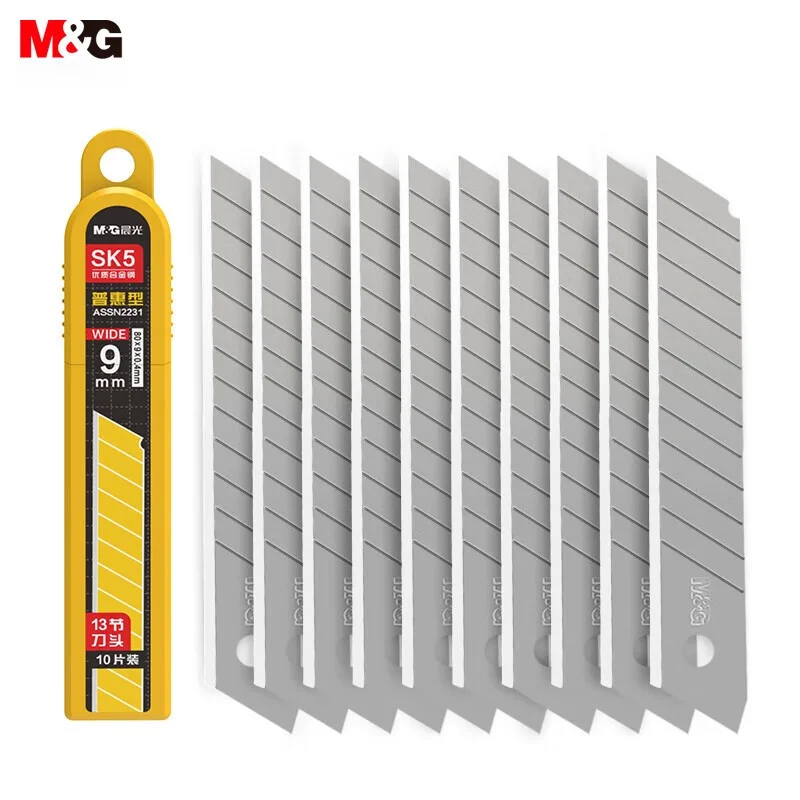 M & G 10pcs 9mm 소형 아티스트 나이프 블레이드 13 블레이드 SK5 합금강 블레이드 사무용품 용 교체 블레이드 단일 박스형