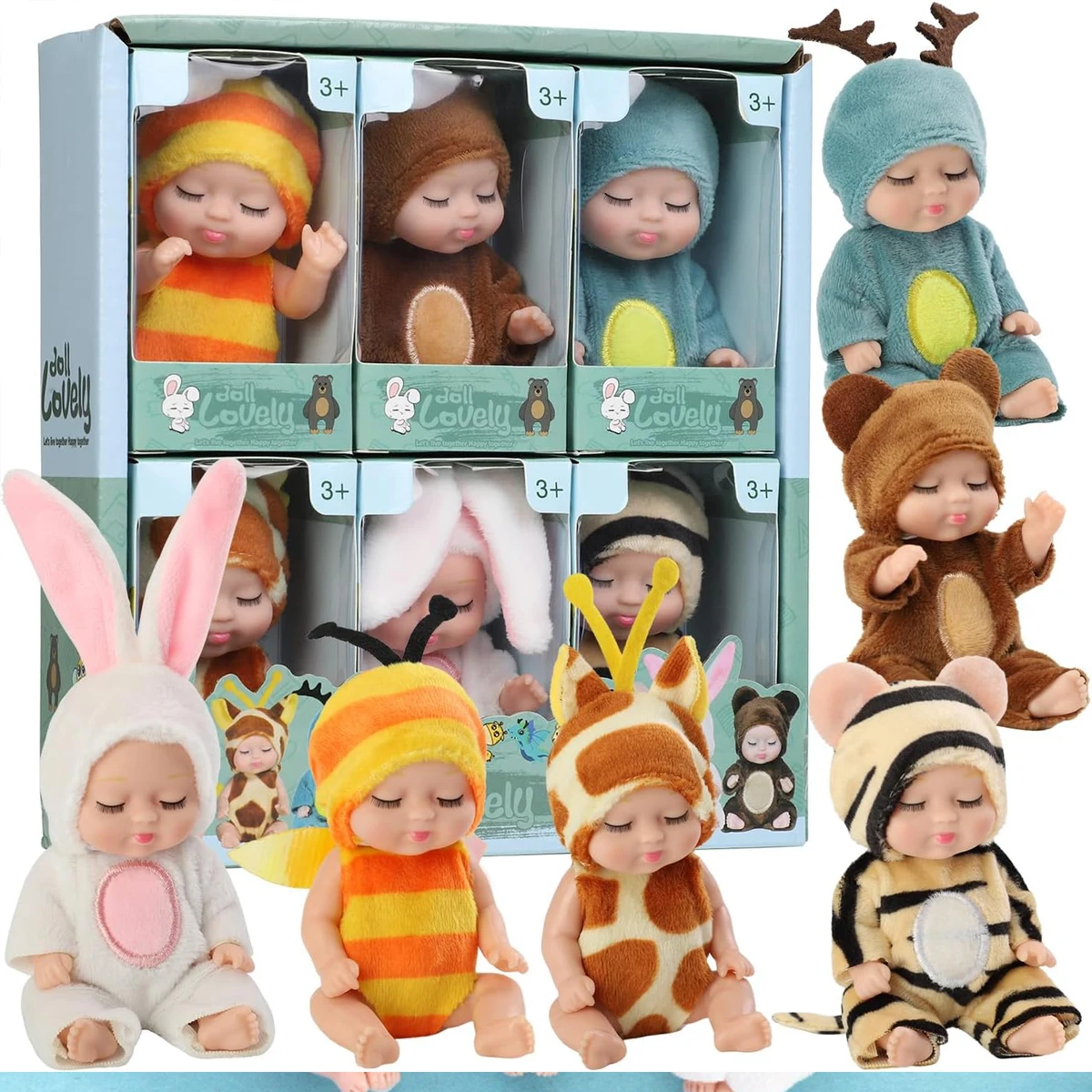 1/6 Pcs 4 인치 미니 다시 태어난 아기 인형 장난감 세트 생일 크리스마스 절묘한 귀여운 동물 옷 선물과 현실적인 아기 인형