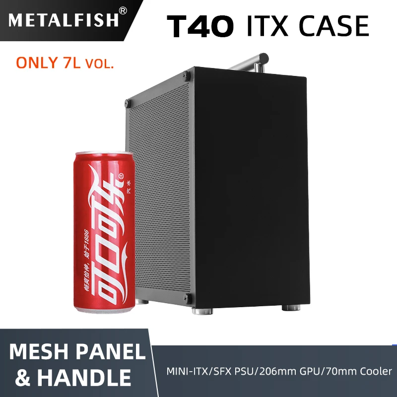 METALFISH T40 Mini ITX 블랙 케이스 7L 게임용 컴퓨터 섀시 소형 투명 PC 지원 SFX PSU/70mm 쿨러/206mm GPU