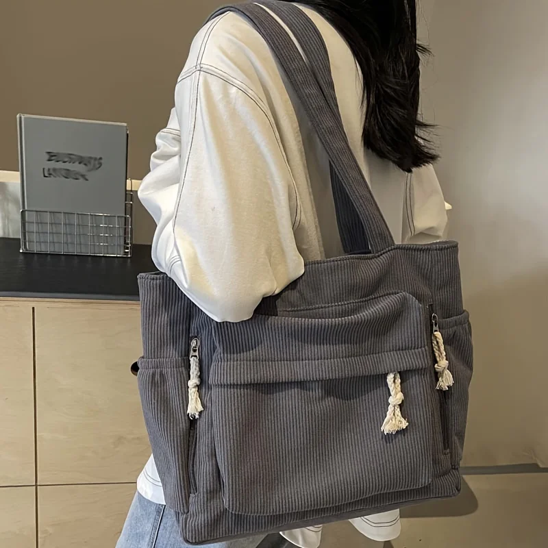 여성용 여행 마스터 코듀로이 숄더백 캐주얼 솔리드 컬러 멀티 포켓 토트백