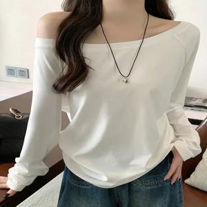 특대 오프 숄더 긴 소매 티셔츠 여성 솔리드 컬러 캐주얼 탑 레이디 봄 가을 기본 티셔츠 한국 스타일 청소년 블라우스