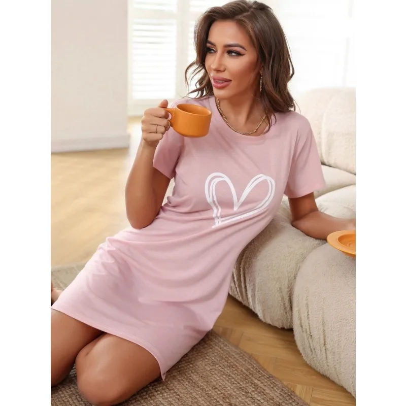 플러스 사이즈 Loungewear Nightdress 여성 하트 프린트 짧은 소매 섹시한 크루 넥 홈 드레스 섹시한 Nightwear 로맨틱 숙녀