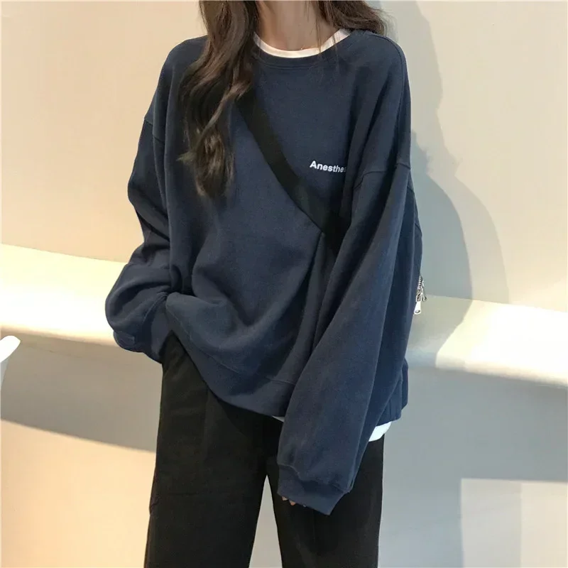 여성 후드 레터 티셔츠 봄 가을 한국 패션 얇고 시크한 긴팔 스웨트셔츠 여성 루즈핏 쿨 풀오버 Y2k 의류