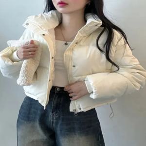 시크한 겨울 여성용 솔리드 컬러 지퍼 스탠드 칼라 PU 프로틴 레더 다운 코튼 재킷 숏 브레드 스타일 코트 세탁 불필요