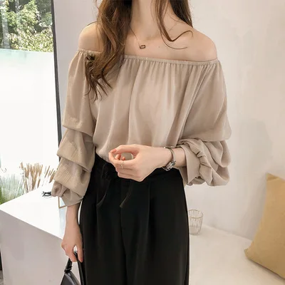 가을 신상 한국 스타일 여성 루즈핏 쉬폰 긴팔 슬래시넥 셔츠 여성 단색 캐주얼 트렌디 의류 탑