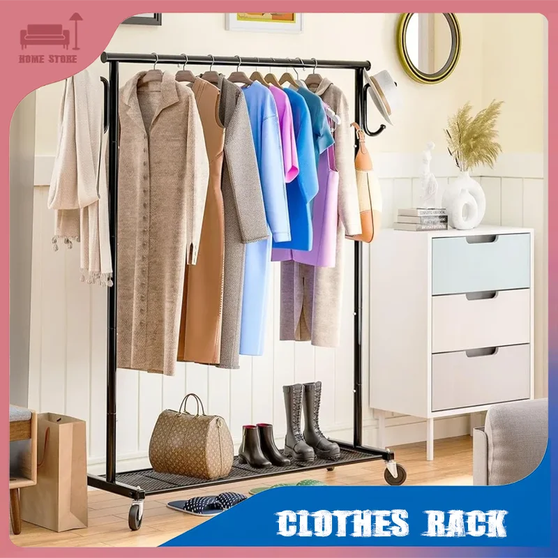 이동식 이중 막대 옷걸이 바퀴, 고하중 코트 선반, 침실 바닥 옷걸이 정리함, 가정용 신발 모자 보관 랙