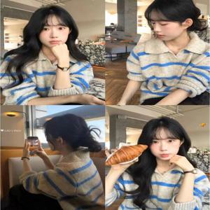 블루 스트라이프 니트 스웨터 여성용 봄 가을 겨울 신상품 고급스러운 부드럽고 편안한 오버헤드 니트 탑 반 오픈 칼라