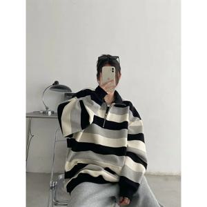 레트로 아메리칸 스트라이프 오버사이즈 스웨터 여성용 봄 가을 얇은 루즈핏 BF 레이지 스타일 남성용 긴팔 스웨트셔츠