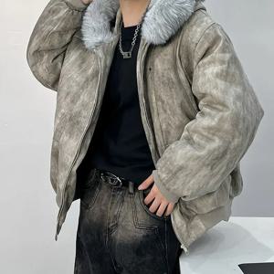 겨울 남성용 코튼 재킷, 퍼 칼라, 독수리 자수 및 타이다이 디자인, 아웃도어 스타일 재킷, 두껍고 편안함