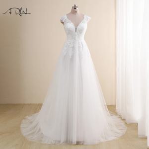 겸손한 v 넥 캡 슬리브 웨딩 드레스 플러스 사이즈 맞춤형 라인 신부 가운 Tulle Lace Applique Robe De Mariee Customized