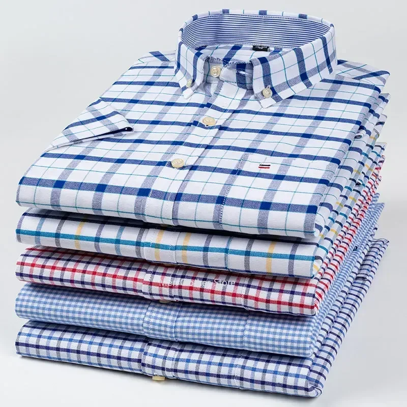 2024 100% 퓨어 코튼 남성용 옥스포드 반소매 스퀘어 칼라 Soild Plaid Striped 여름 캐주얼 셔츠 싱글 포켓 셔츠