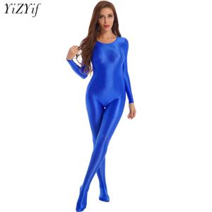 여성 반짝 이는 오일 긴 소매 전신 유니 타드 바디 슈트 팬티 스타킹 점프 슈트 Bodystocking 요가 체조 Shapewear Catsuit 스타킹