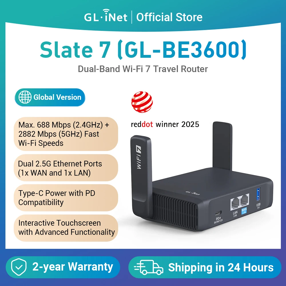 GL.iNet GL-BE3600( Slate 7) Wi-Fi 7 라우터, 듀얼 2.5G 포트, 터치 스크린, 3570Mbps 게임 핫스팟, 공용 및 호텔용 VPN
