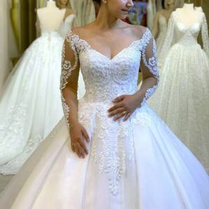 우아한 Tulle 웨딩 드레스 2025 볼 가운 V 넥 아플리케 풀 슬리브 웨딩 드레스 Vestido De Casamento Customized