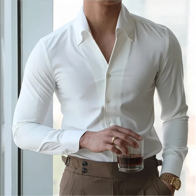 남성용 이탈리안 칼라 셔츠, 주름 방지, 캐주얼, 패셔너블, 라펠 디자인의 슬림핏, 브랜드 의류, 청소년, 신상품