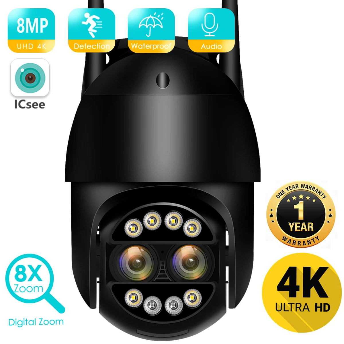 BESDER 8MP 4K PTZ IP 카메라 8x 줌 듀얼 렌즈 인간 감지 CCTV 카메라 4MP 스마트 홈 야외 Wifi 감시 카메라 ICSEE APP