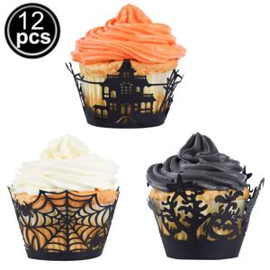 할로윈 컵케이크 래퍼 스파이더 웹 컵케이크 래퍼, 컵케이크 라이너, 케이크 토퍼 장식, 할로윈 테마 파티 용품, 12 개