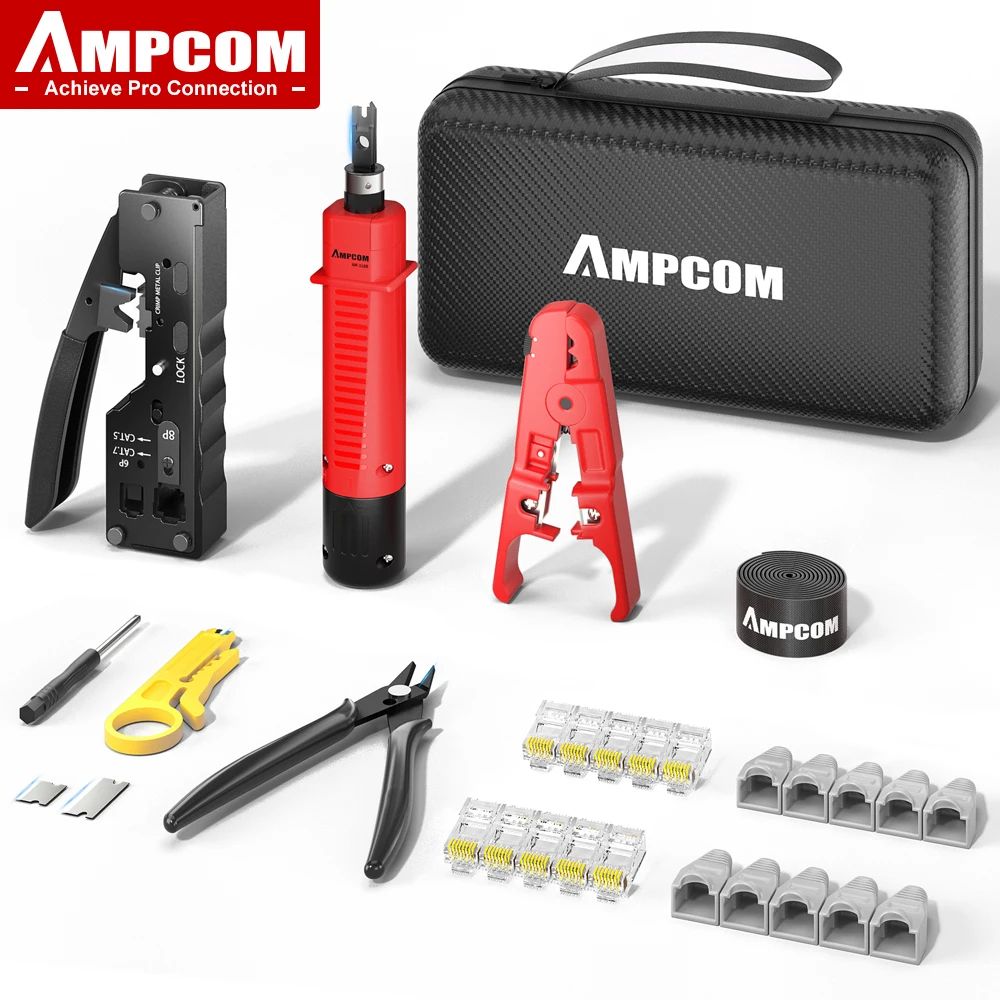 AMPCOM RJ45 패스 스루 압착 도구 Cat5e Cat6 Cat7 9 in 1 휴대용 이더넷 케이블 RJ45/RJ11 크림퍼 키트용 네트워크 도구 키트