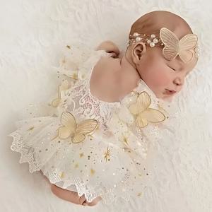 Ylsteed 신생아 사진 복장 아기 소녀 나비 반짝이 스타 레이스 Romper 진주 머리띠 유아 사진 소품