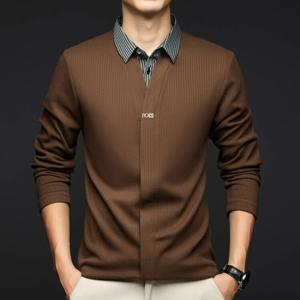 남성용 가을/겨울 긴 소매 탑, 짠 셔츠 칼라와 니트 바디가 있는 니트 스웨터, 블라우스 칼라 티셔츠