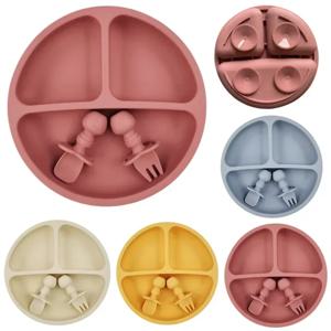 실리콘 아기 수유 세트, BPA 프리 석션 볼 분할 플레이트, 스푼 포크 포함, 어린이 접시, 유아 수유 식기, 3 개