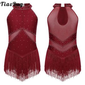 여아 발레 체조 프린지 댄스 레오타드 원피스 반짝이 라인스톤 쉬어 메쉬 피겨 아이스 스케이팅 바디수트 댄스웨어
