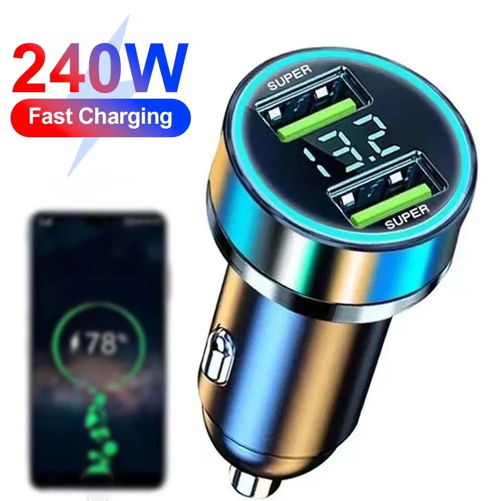 240W 차량용 충전기 아이폰용 고속 충전 2 USB 포트 어댑터 디지털 디스플레이가 있는 삼성 Xiaomi 빠른 충전 충전기