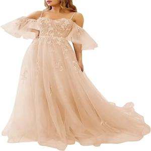 레이스 Applique Tulle 댄스 파티 드레스 오프 어깨 푹신한 소매 웨딩 드레스 긴 여성 연인 라인 이브닝 가운