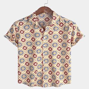 남성 스트라이프 캐주얼 홀리데이 반소매 오렌지 여름 버튼 다운 셔츠 하와이안 셔츠 여름 봄 옷깃 버튼 다운